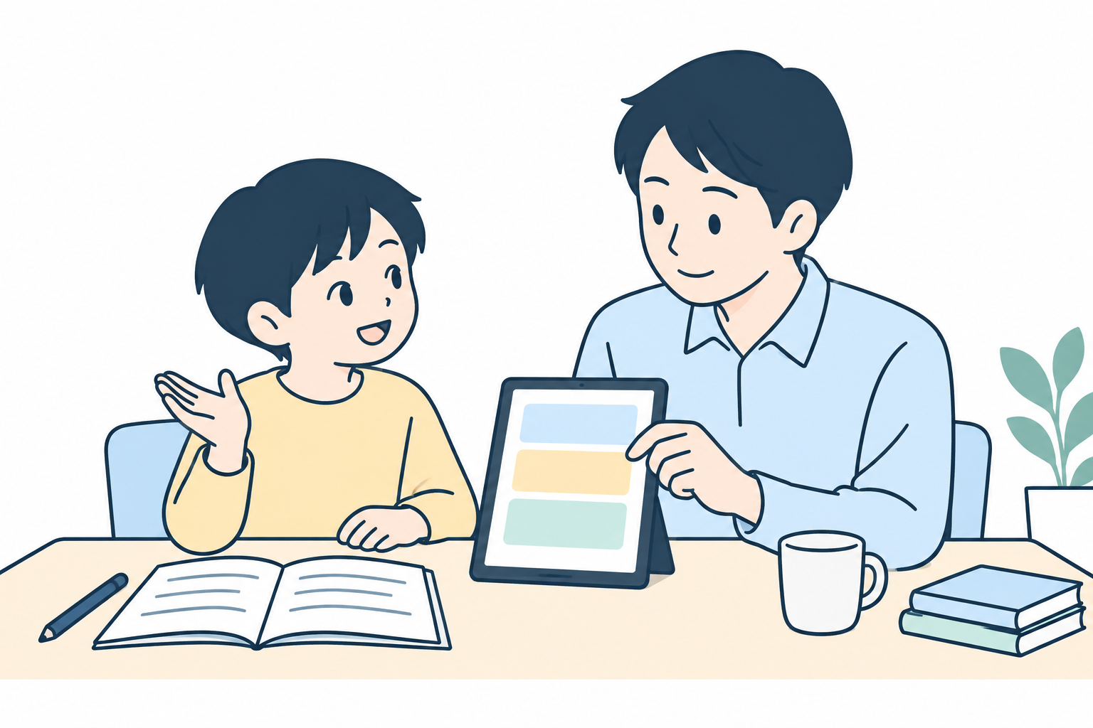 子どもと大人が話し合いながらタブレットの予定を調整する場面