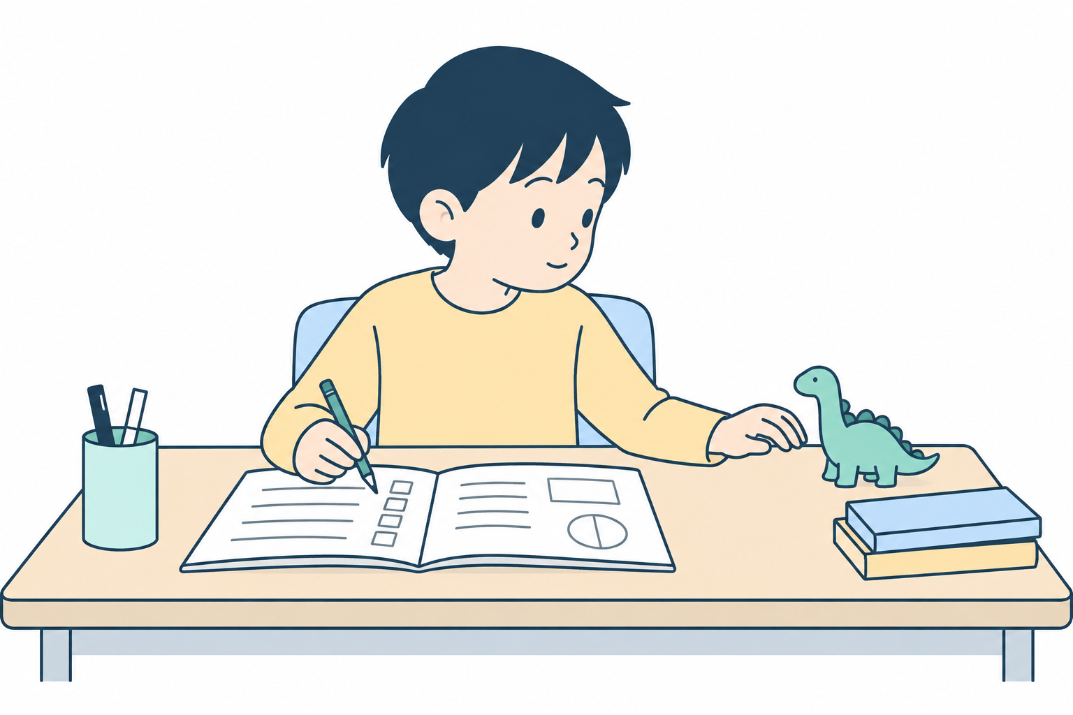 課題の途中で、机の上の恐竜のおもちゃに目を向ける子ども