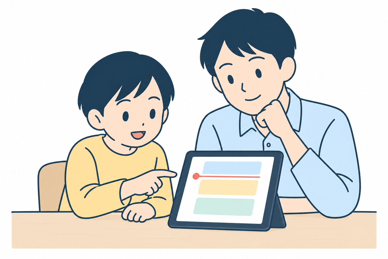 子どもと大人が一緒にタブレットの予定と現在時刻を見る場面
