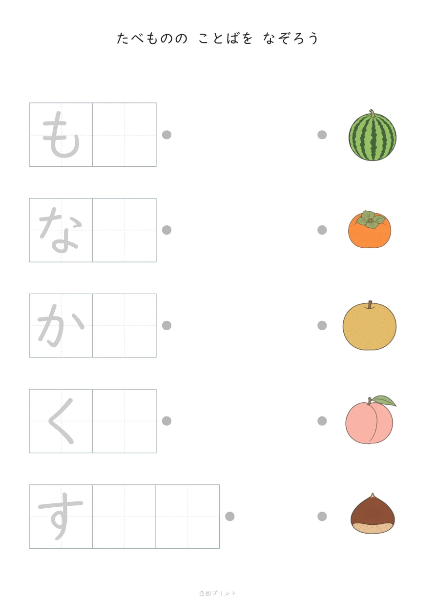 たべもの①・段階2：さいしょの1文字だけ なぞるの見本