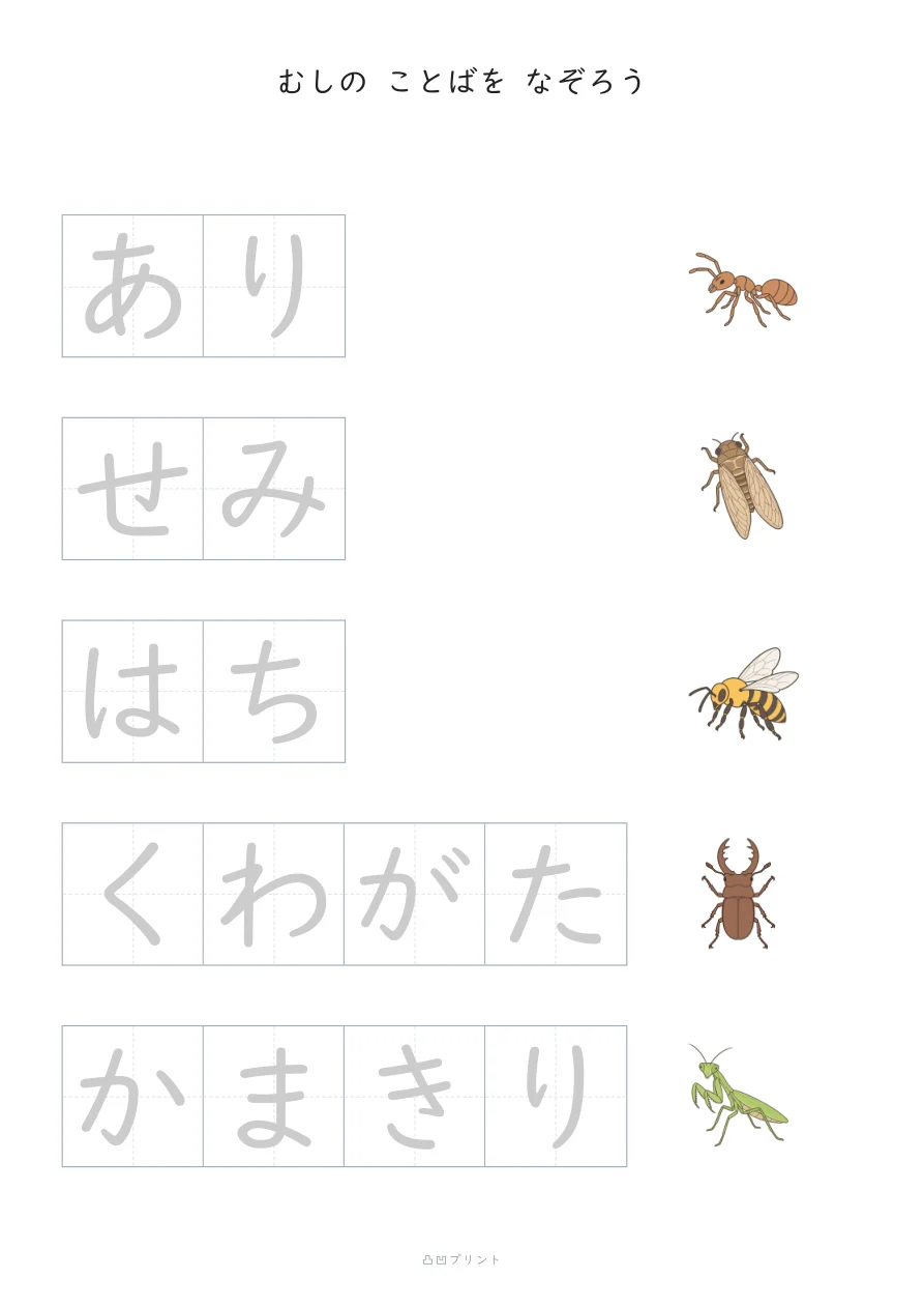 ひらがな なぞり書き｜むしの見本