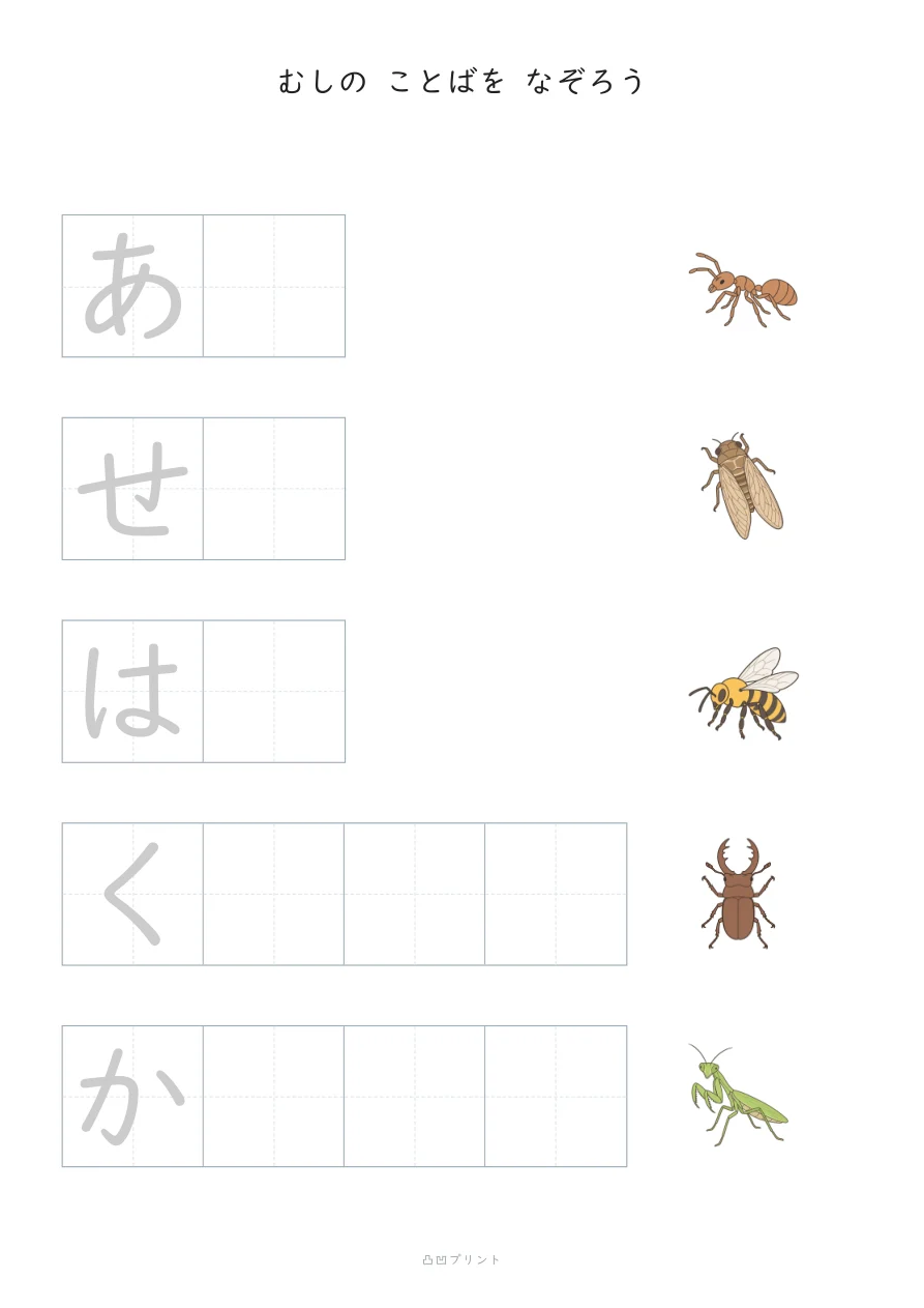 むし・段階2：さいしょの1文字だけ なぞるの見本