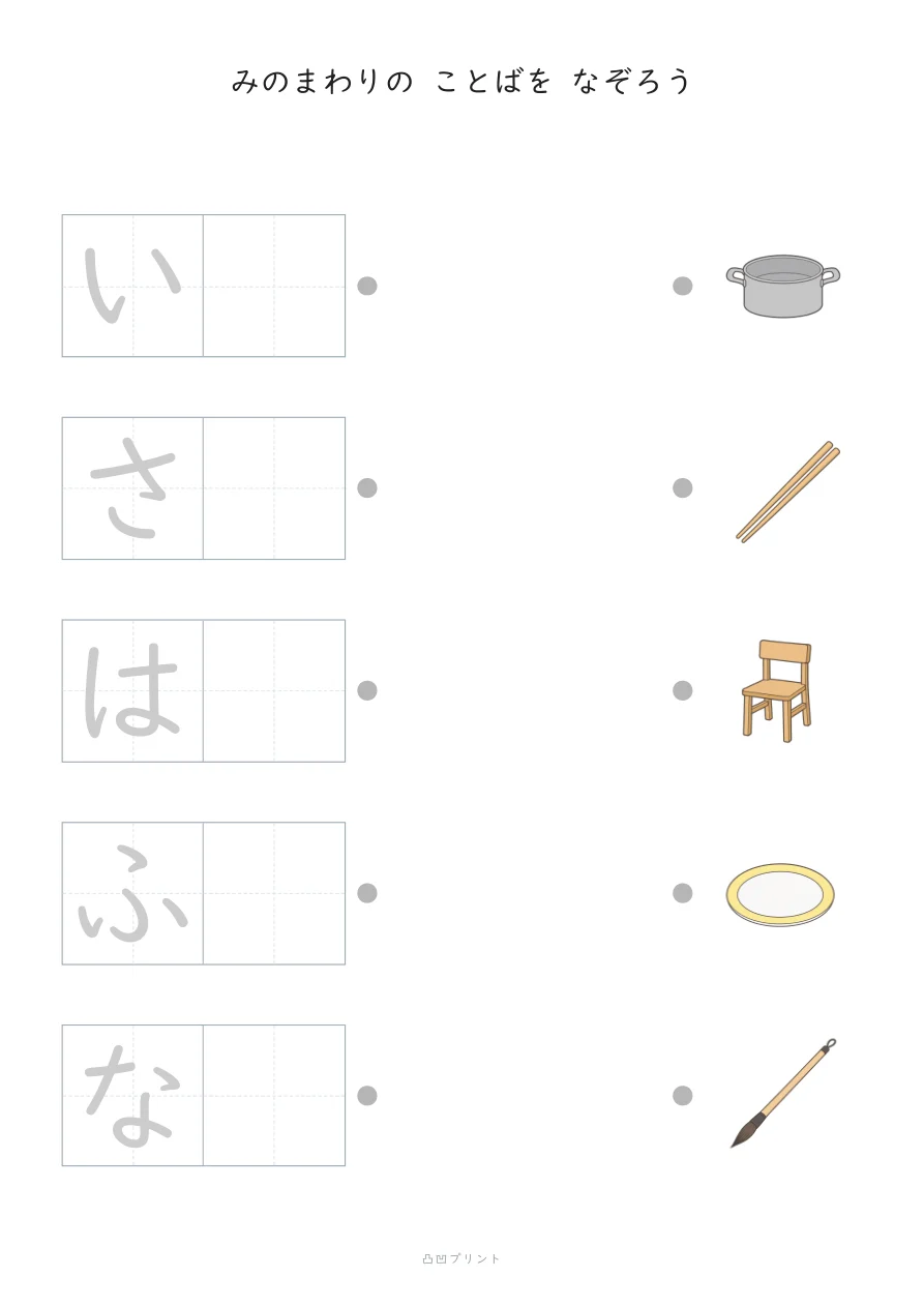 みのまわり②｜さいしょの1文字だけ なぞるの見本