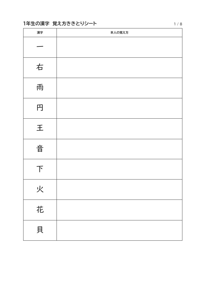 1年生の漢字 覚え方ききとりシートの見本