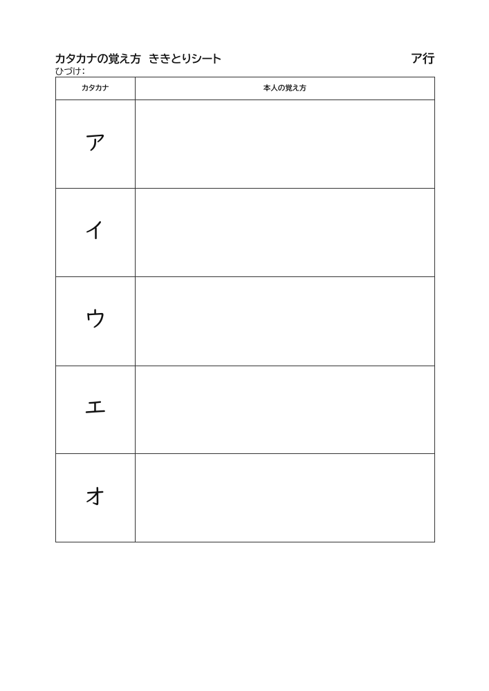カタカナの覚え方 ききとりシートの見本